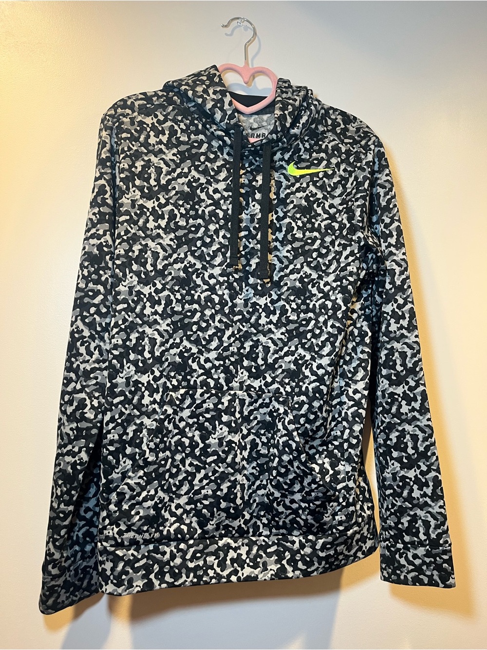 Nike Black & White Camouflage Hoodie with Neon Yellow Swoosh